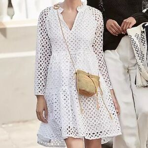 J Crew Tiered Popover Dress in Embroidered Eyelet White Long Sleeve XS